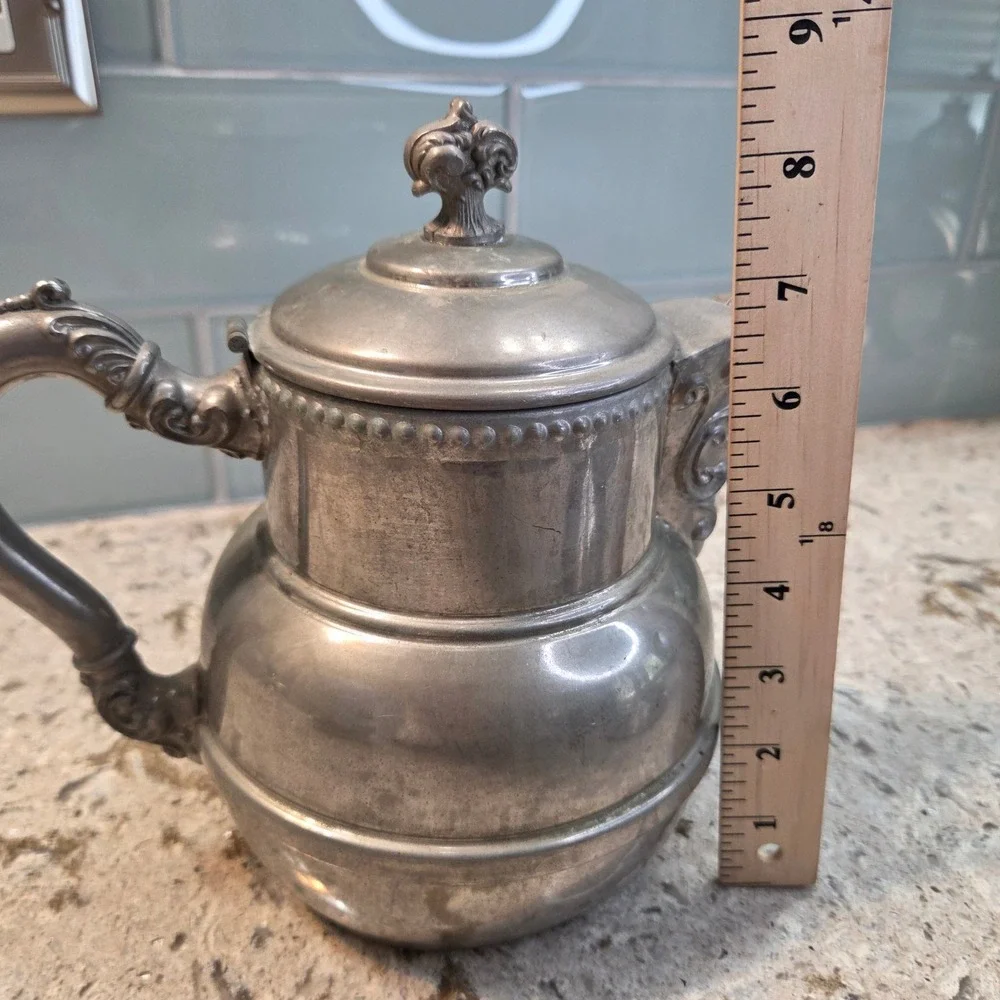 Vintage Victorian Style Silver Metal Teapot Ornate Scrollwork Hinged Lid 8.5in